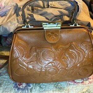 Patricia Nash Embossed Floral Satchel in Brown with Brass Hardware